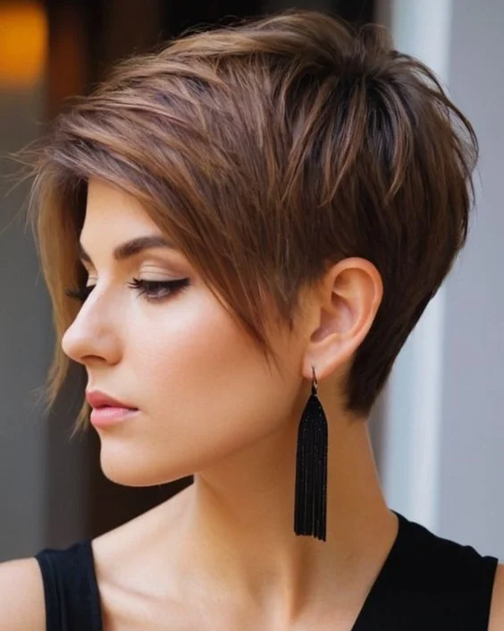 fall short haircuts 2026 Layered Side-Swept Pixie with Long Face-Framing Pieces
