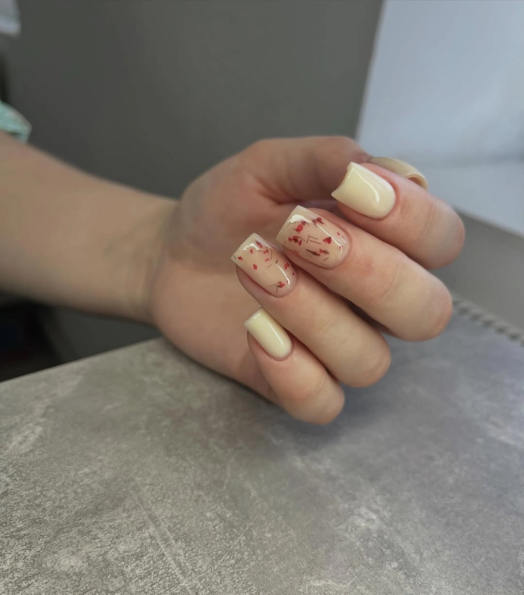 Fall short nails 2026 Cream Yellow Nails With Tiny Botanical Speckles