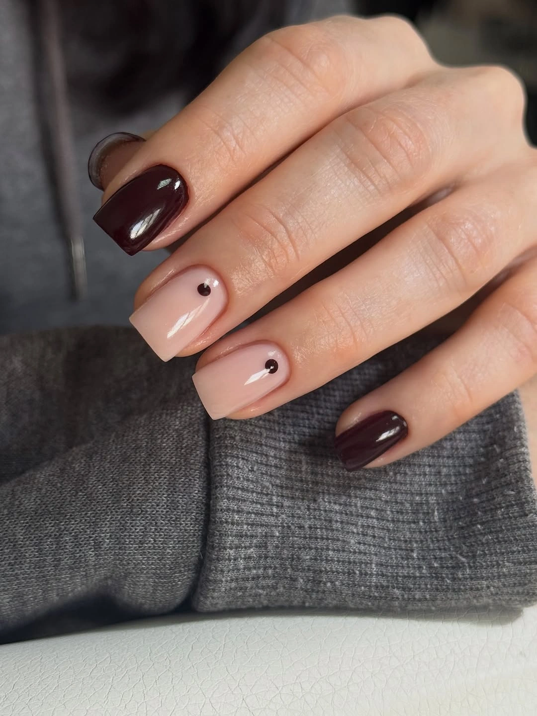 Fall short nails 2026 Burgundy and Blush Short Nails With Tiny Dots