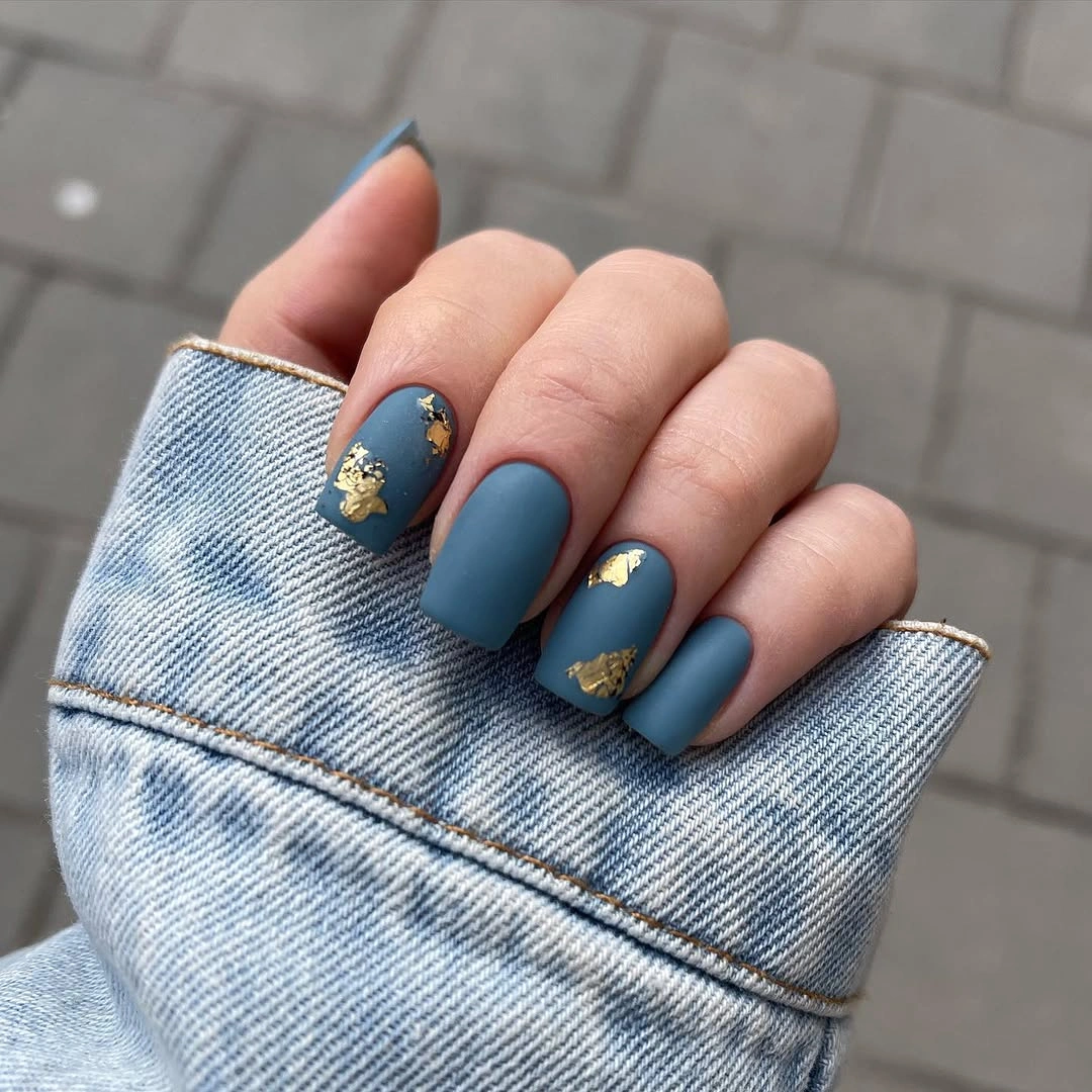 Fall short nails 2026 Muted Blue Short Nails With Gold Foil Accents