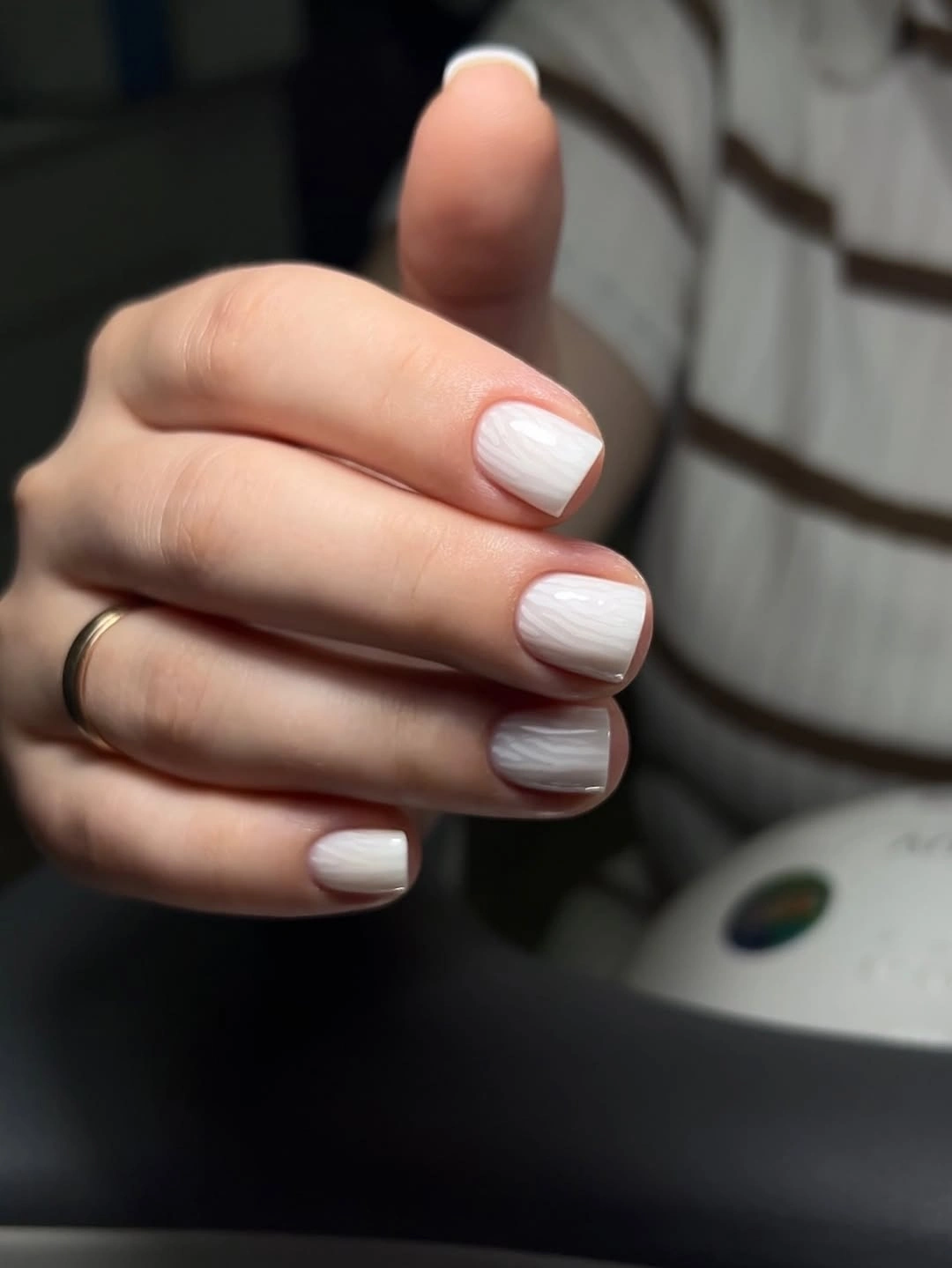 Fall short nails 2026 Pearly White Short Nails With Fine Vertical Texture