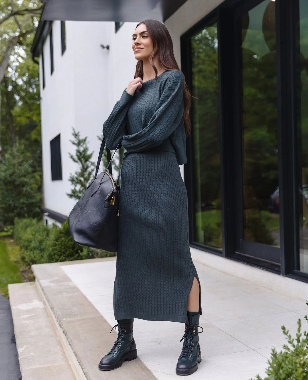 fall sweater dress outfits 2026 Elegant Charcoal Maxi Knit with Modern Combat Boots