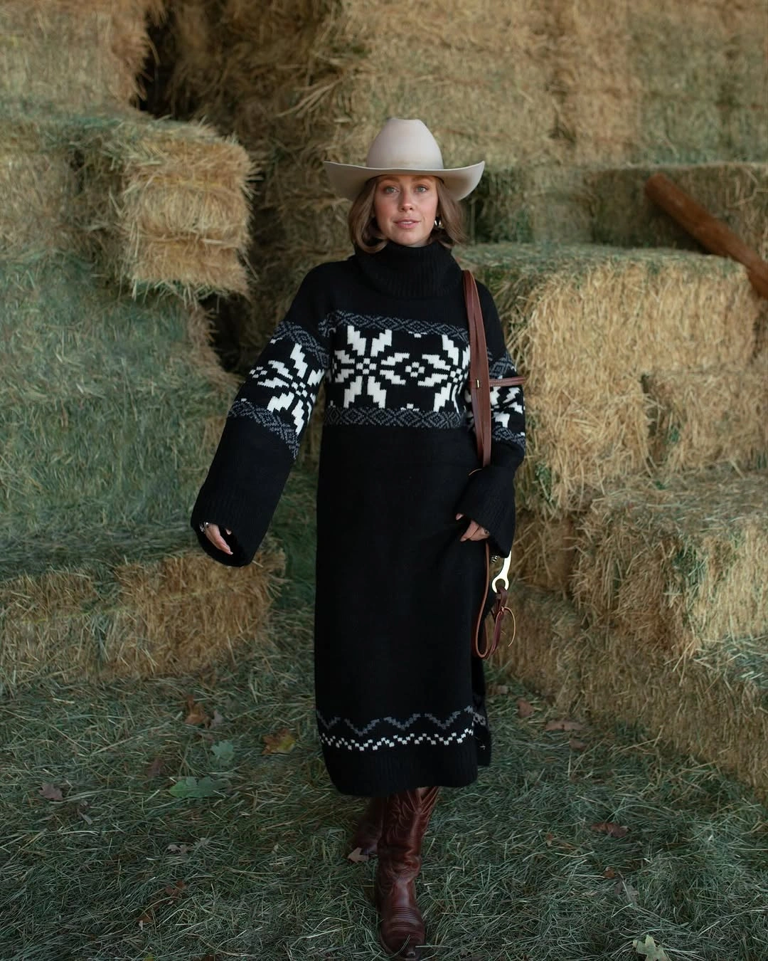 fall sweater dress outfits 2026 Nordic Fair Isle Sweater Dress with Rustic Western Boots