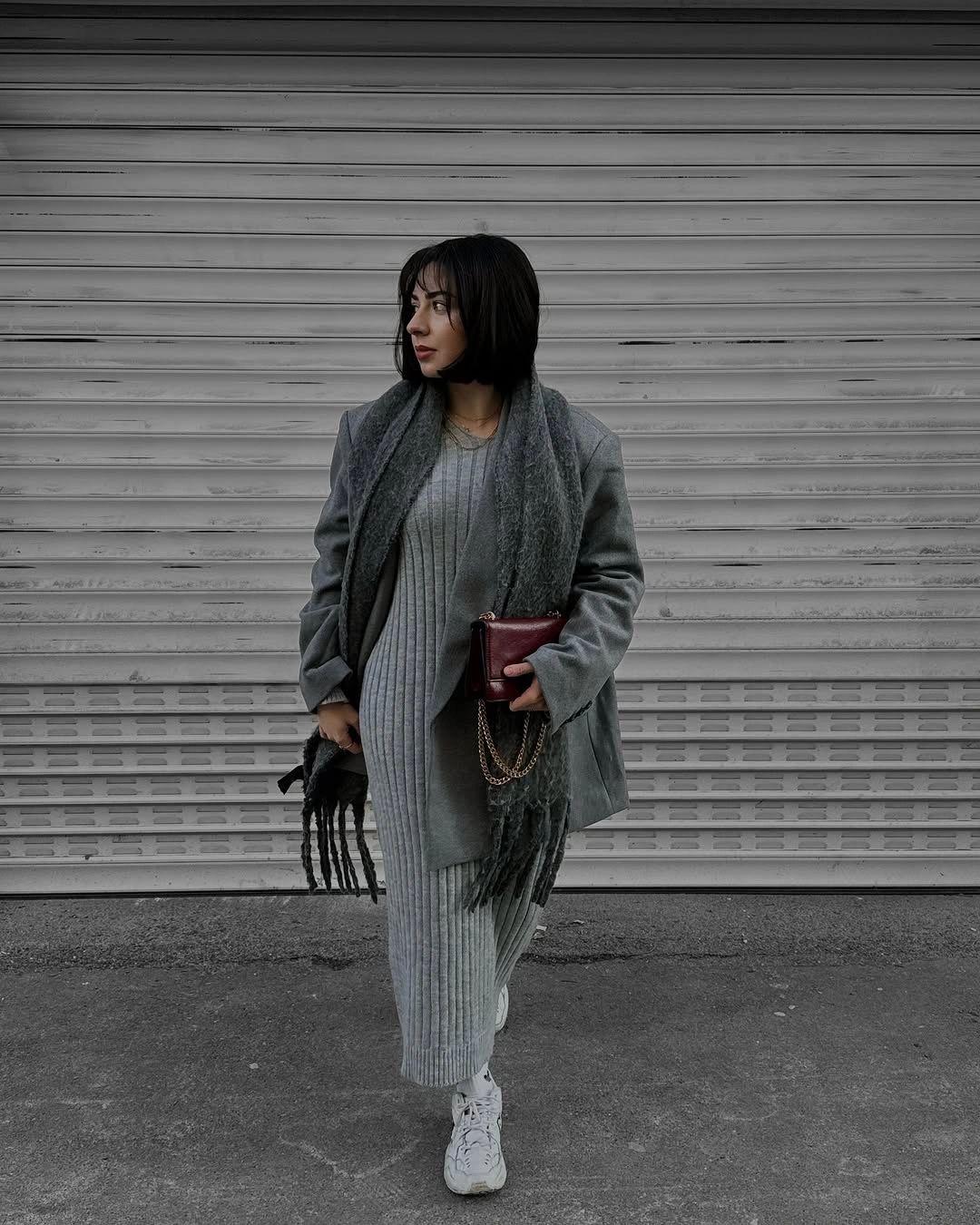 fall sweater dress outfits 2026 Grey Ribbed Sweater Dress With Sneakers And Cozy Street Style