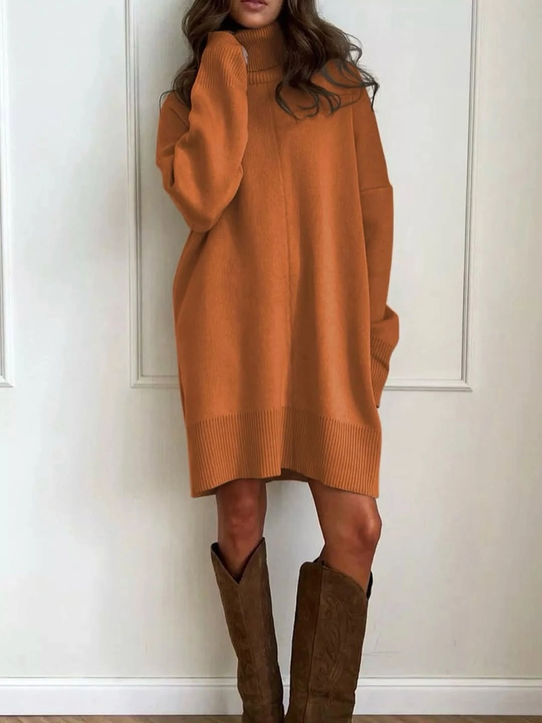 fall sweater dress outfits 2026 Warm Cinnamon Sweater Dress with Western Boots for Everyday Fall