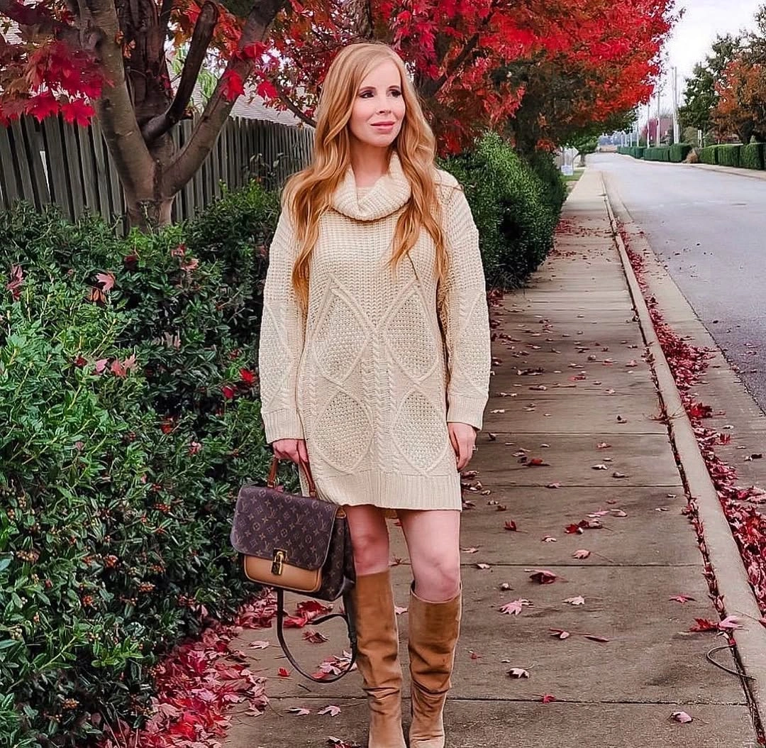 fall sweater dress outfits 2026 Cream Oversized Sweater Dress Styled With Classic Boots