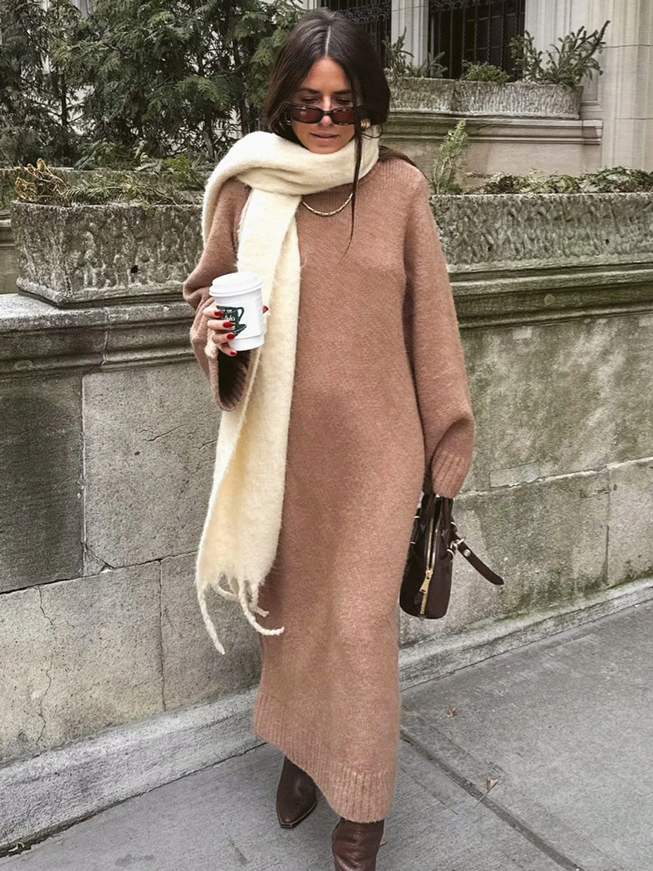 fall sweater dress outfits 2026 Long Brown Sweater Dress With Warm Autumn Layers