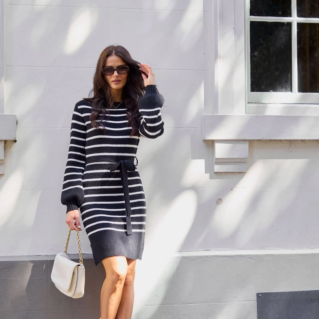 fall sweater dress outfits 2026 Classic Black and White Stripes with Feminine Accessories
