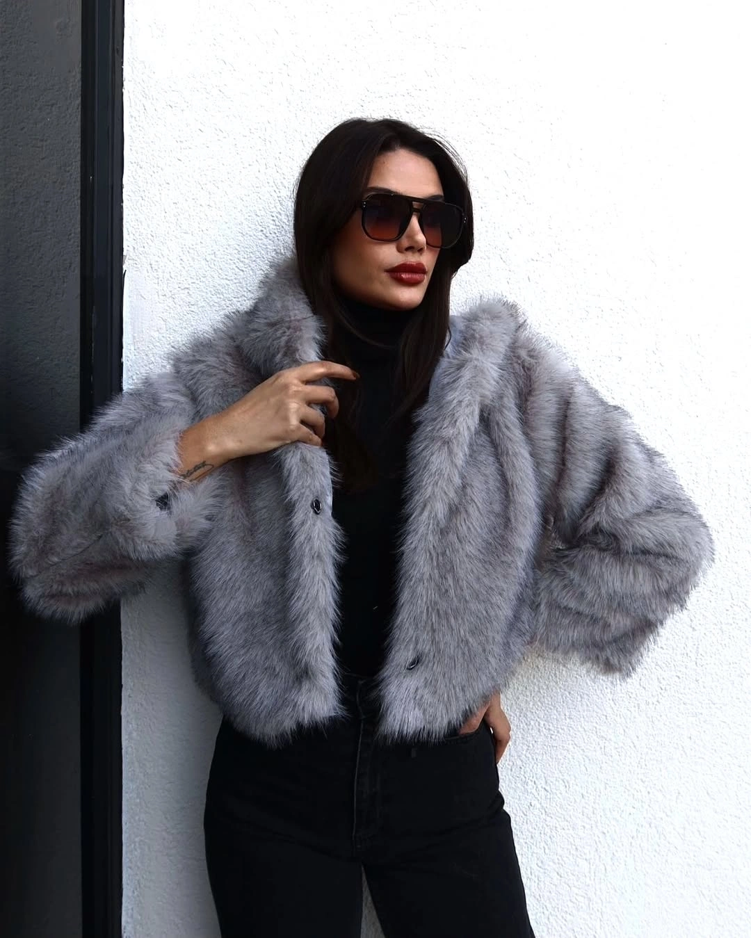 faux fur jacket Silver Grey Faux Fur with an All-Black Foundation