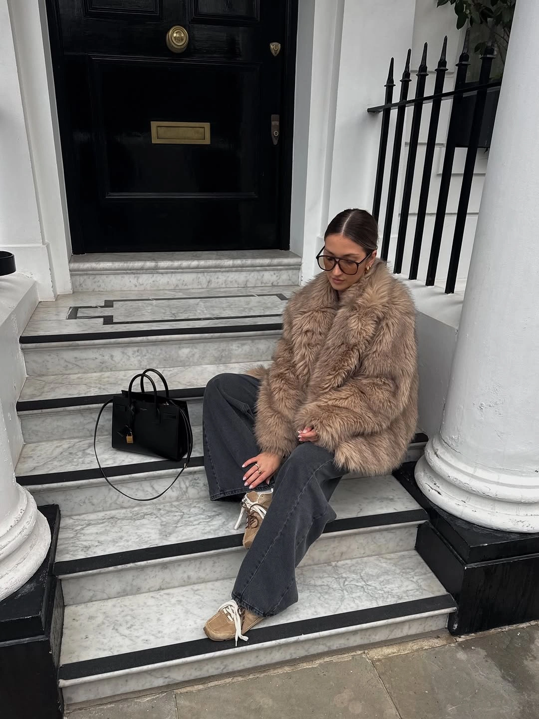 faux fur jacket Neutral Faux Fur and Charcoal Denim for Effortless Quiet Luxury