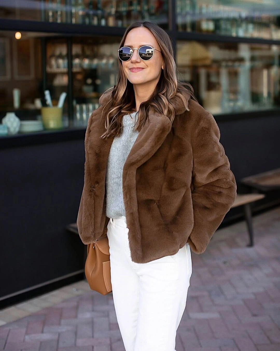 faux fur jacket Warm Mocha Faux Fur Styled with Crisp White Basics