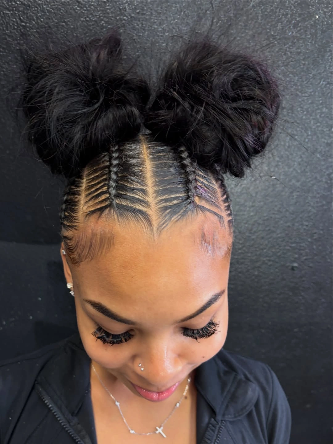 feed in braid hairstyles Double Bun Feed-In Braids with Clean Symmetry