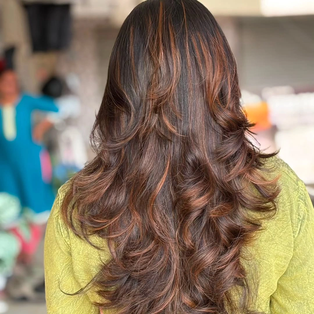 full head babylights blonde on brown hair Copper Babylights Through Feathered Chocolate Layers