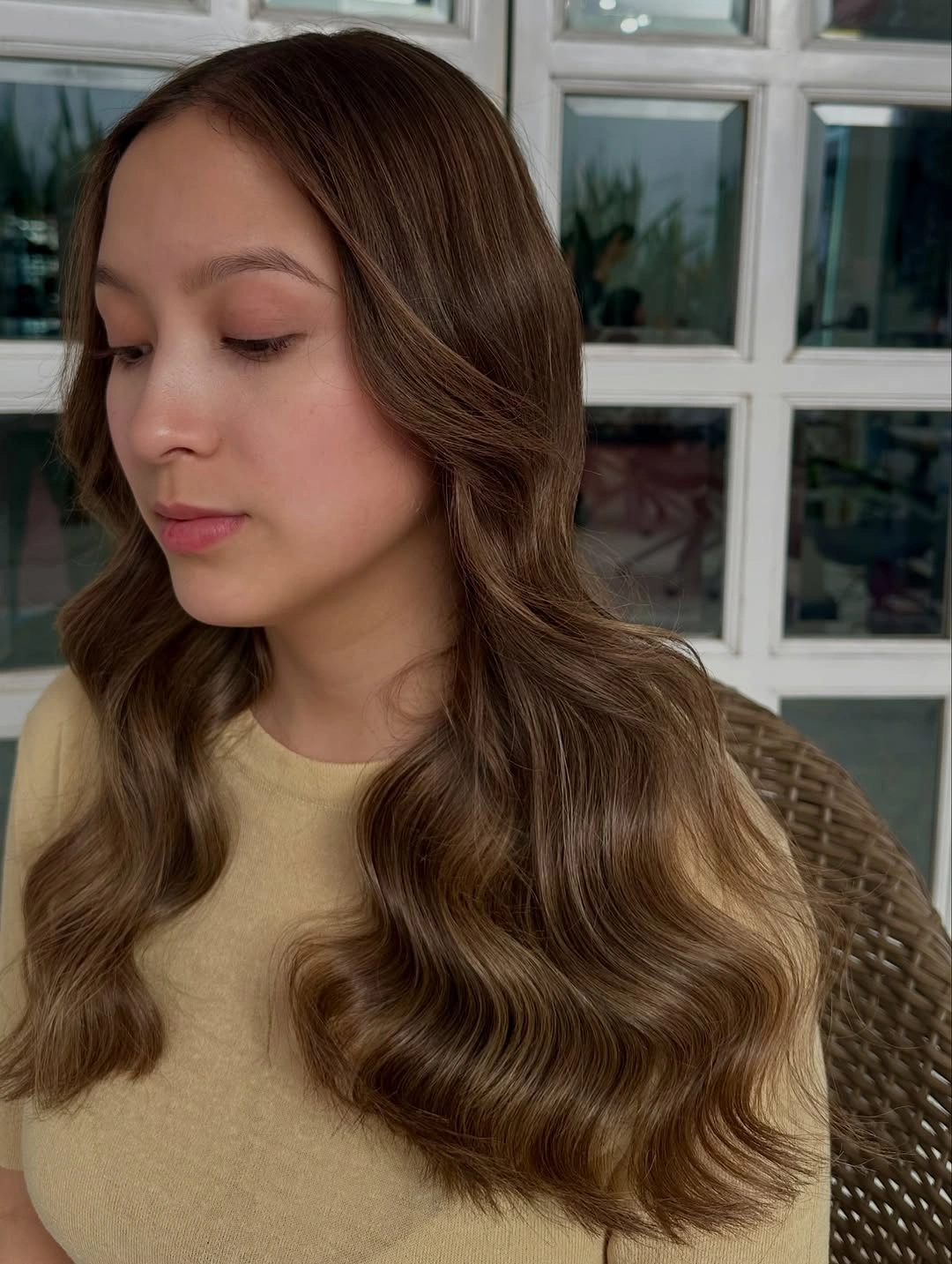 full head babylights blonde on brown hair Soft Hazelnut Babylights with Glossy Vintage Waves
