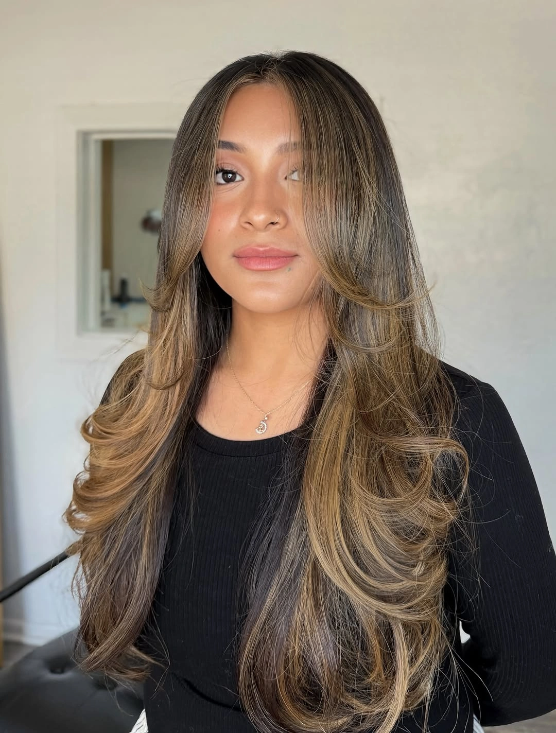 full head babylights blonde on brown hair Honey Babylights with Long Face-Framing Layers