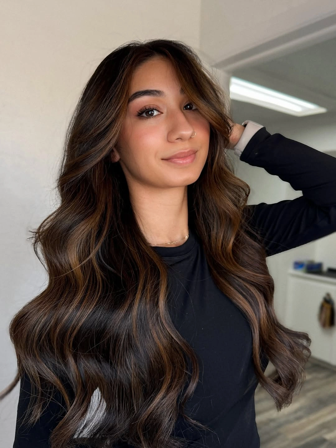 full head babylights blonde on brown hair Deep Chocolate Waves with Caramel Babylight Accents