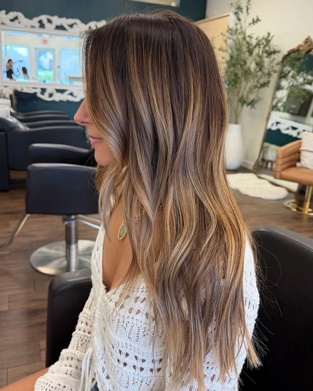 Hair Lowlights: Color Ideas and Inspiration Cool Mushroom Brunette with Face-Framing Brightness