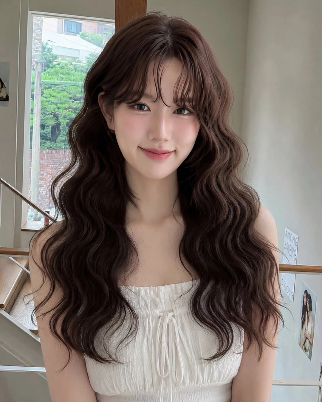 heatless curls hairstyle Soft Korean-Inspired Waves with Wispy Curtain Bangs