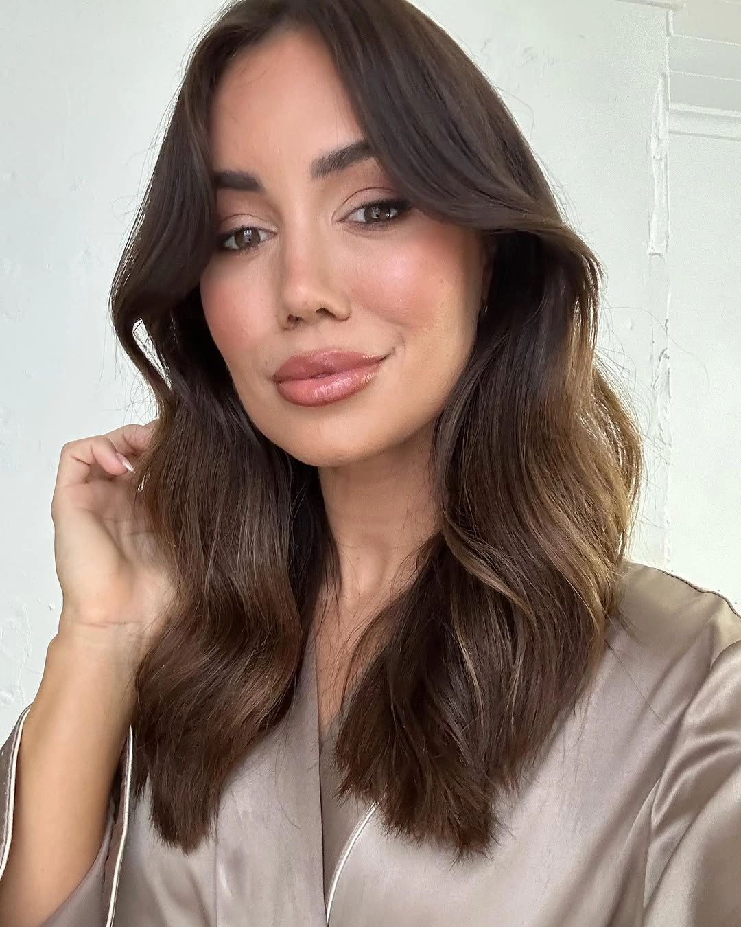 heatless curls hairstyle Soft Espresso Waves with Airy Curtain Bangs