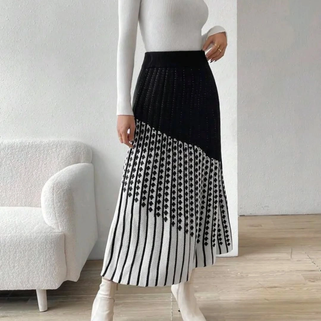 knit skirt outfits fall 2026 Graphic Black and White Knit for a Contemporary Statement