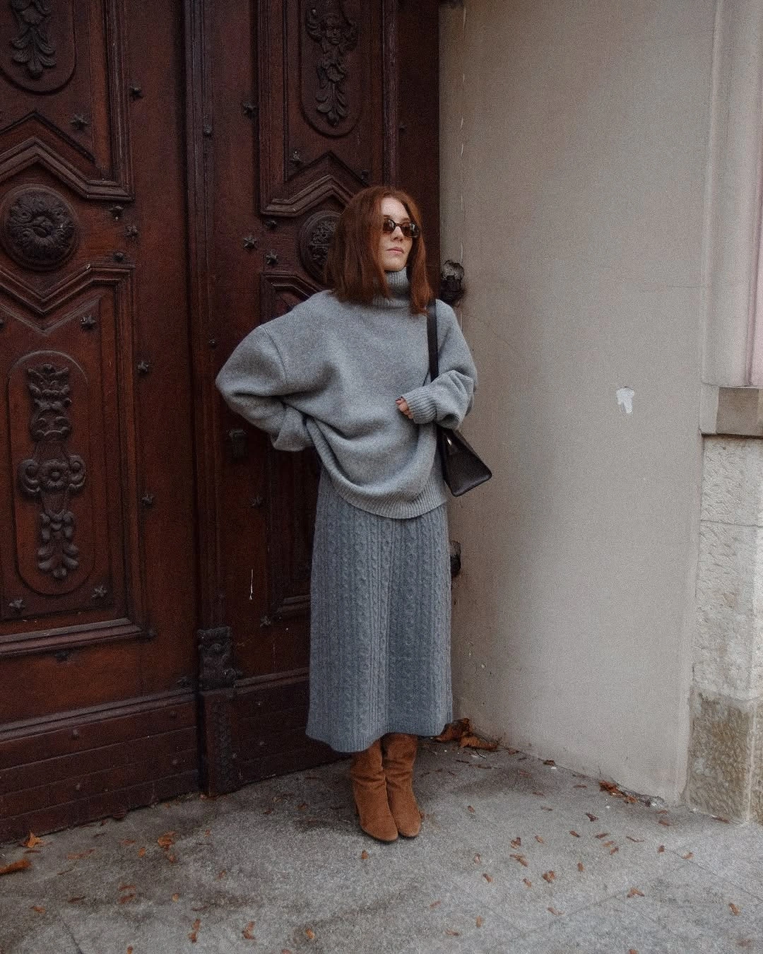knit skirt outfits fall 2026 Monochrome Grey Knit Layers for Cozy Sophistication