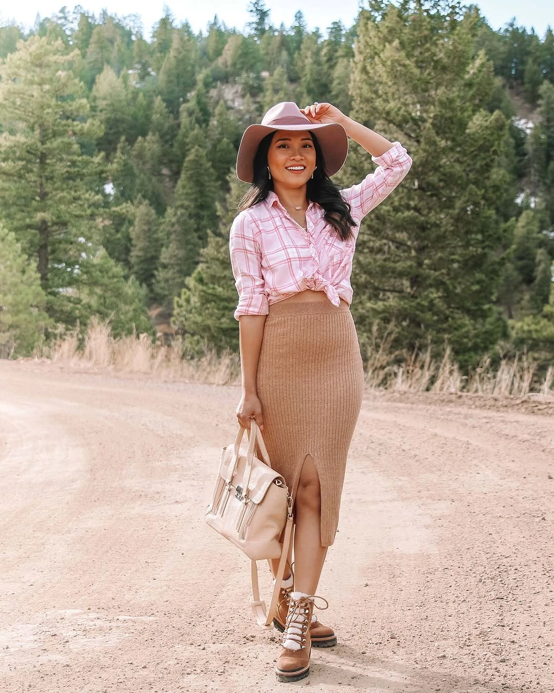 knit skirt outfits fall 2026 Country-Inspired Charm With a Beige Rib Knit Skirt