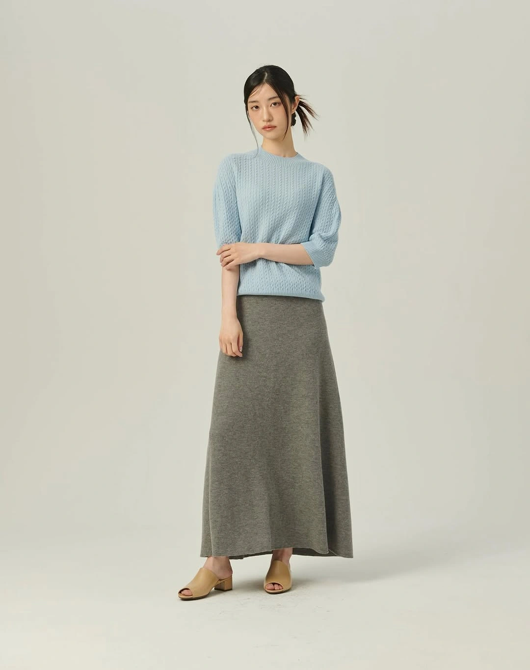 knit skirt outfits fall 2026 Soft Blue and Grey for an Effortlessly Elegant Fall Look