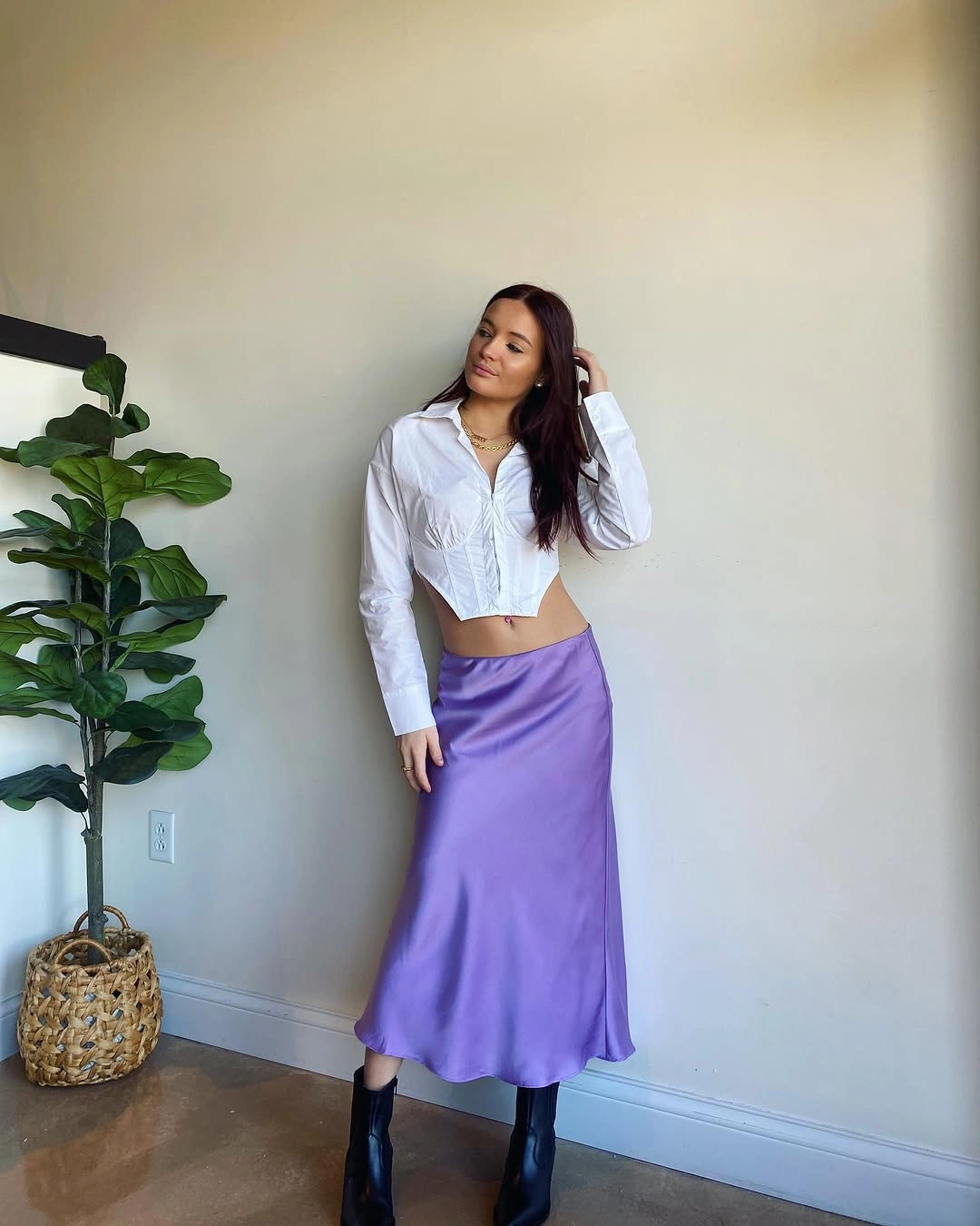 midi skirt fall outfit 2026 Purple Satin Midi Skirt With A Romantic Fall Mood