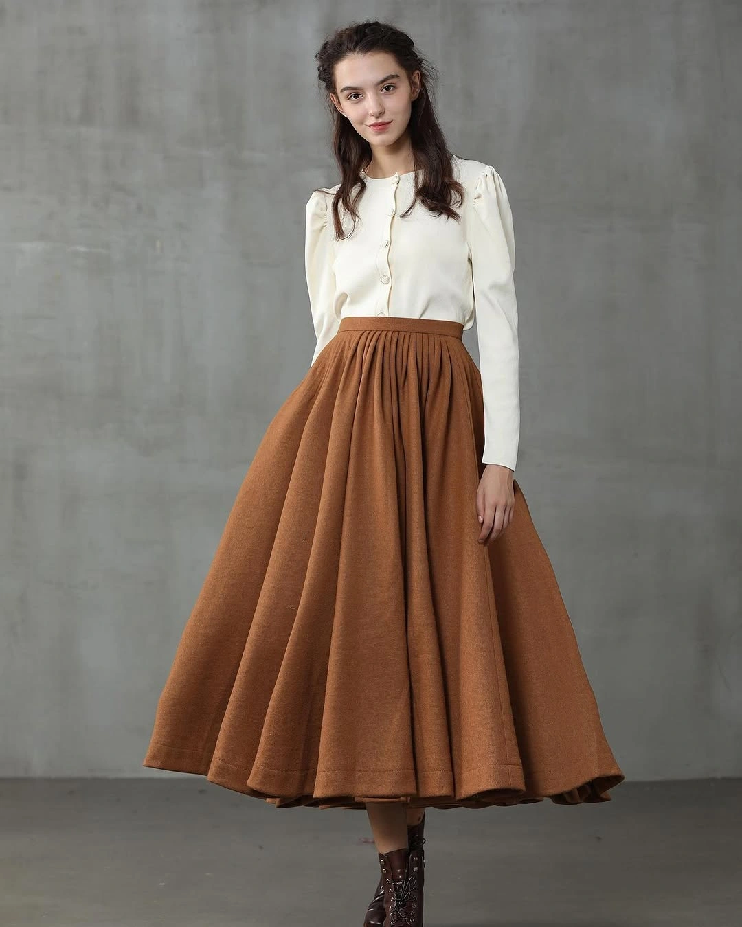 midi skirt fall outfit 2026 Brown A-Line Midi Skirt With Vintage Feminine Style