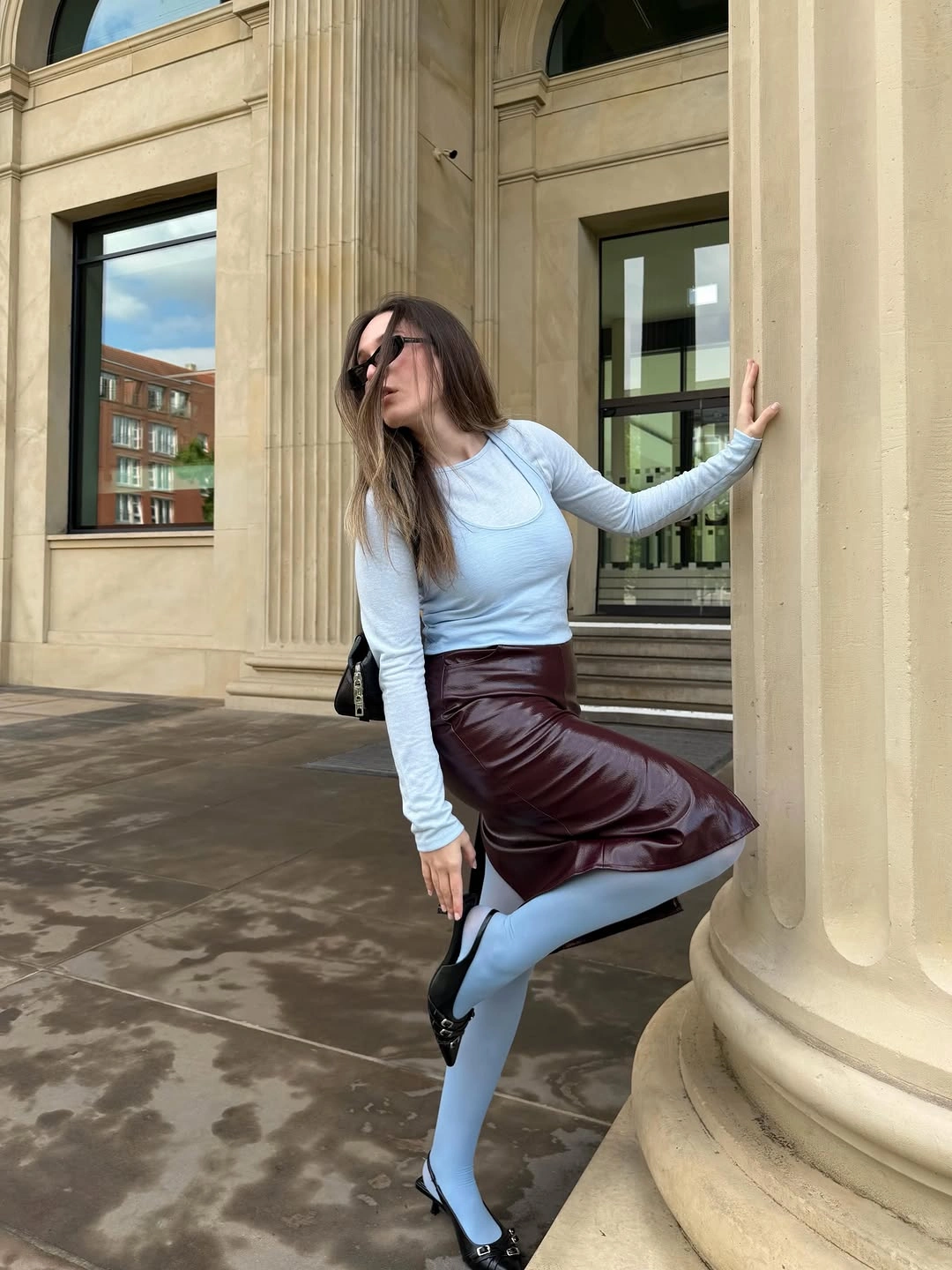 midi skirt fall outfit 2026 Burgundy Leather Meets Powder Blue for a Modern Color Story