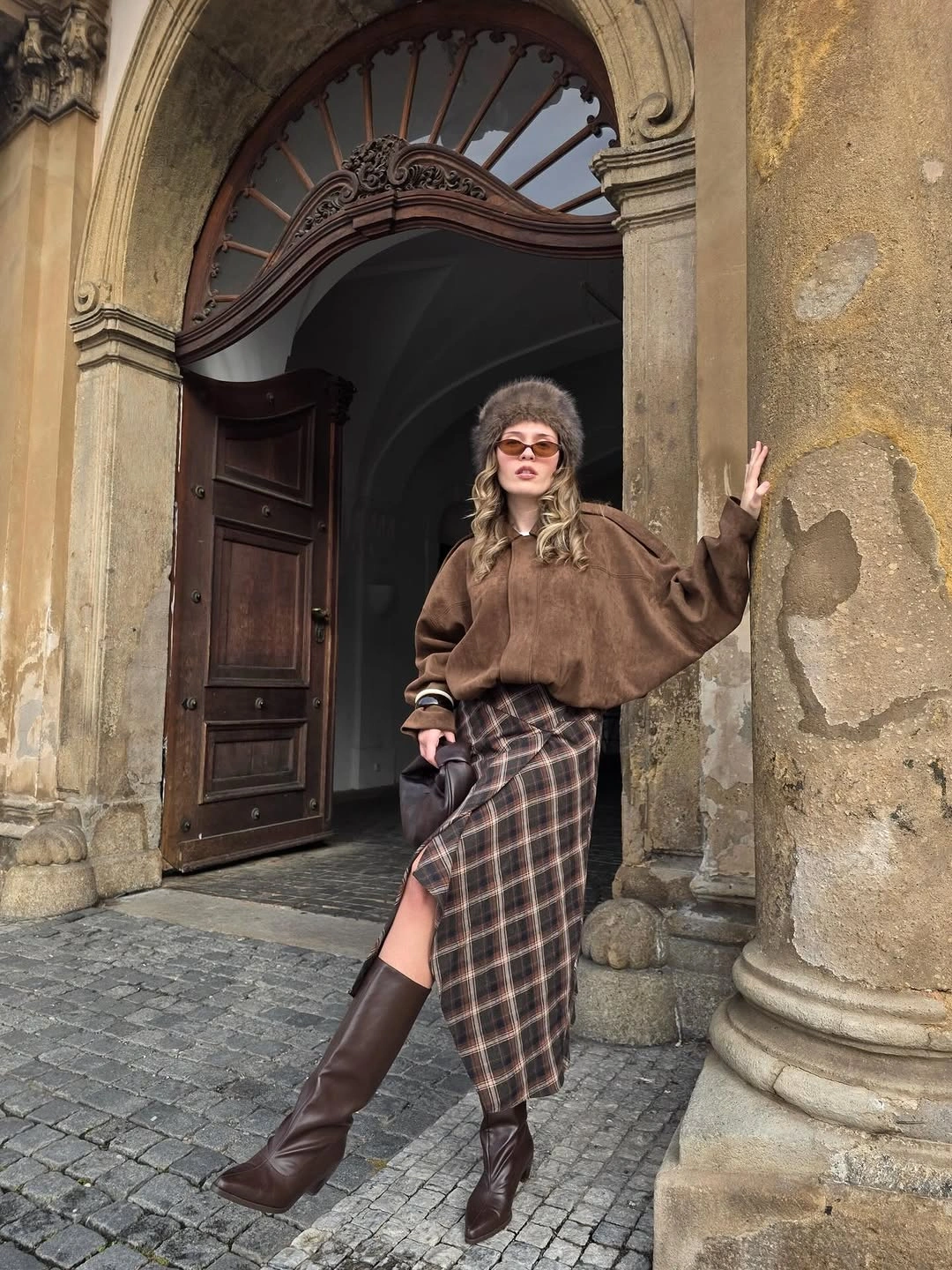 midi skirt fall outfit 2026 Rich Chocolate Layers with a Timeless Plaid Midi