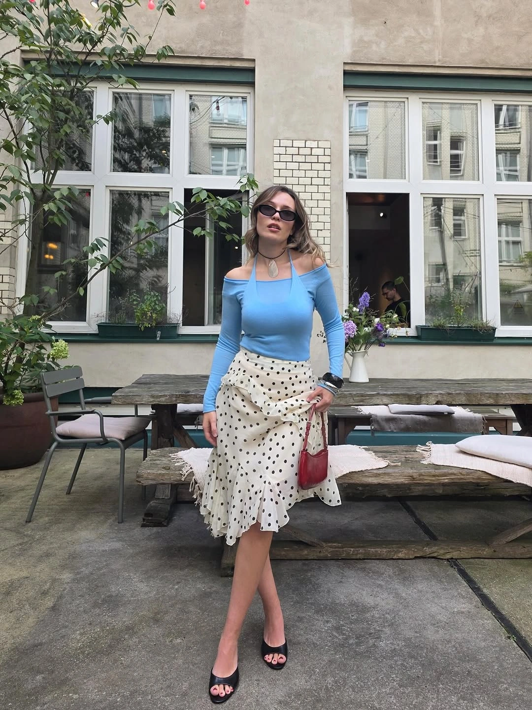 midi skirt fall outfit 2026 Soft Blue Meets Feminine Ruffles for Romantic Fall Style