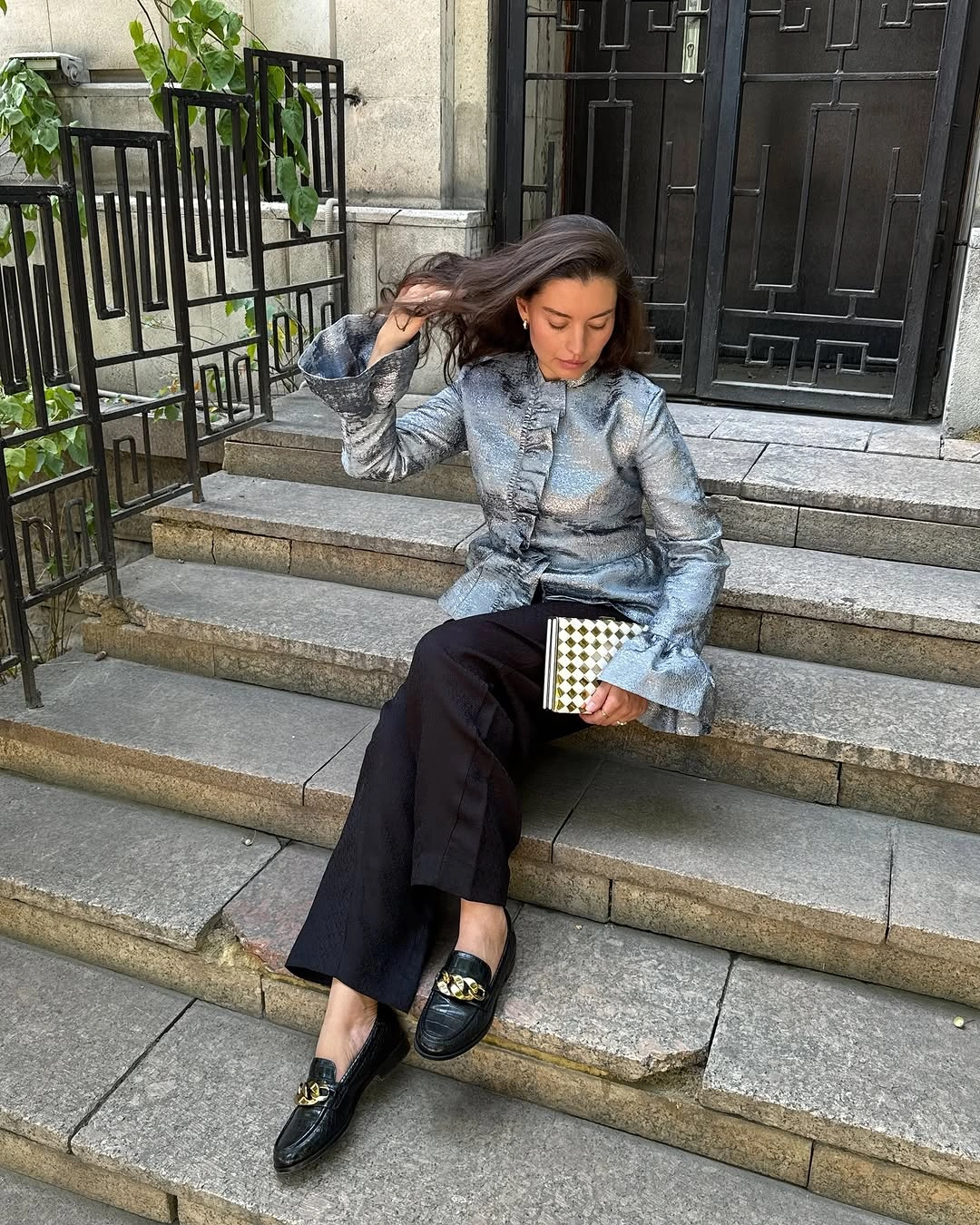 modest fall outfits 2026 Metallic Statement Tops Balanced With Tailored Black Trousers