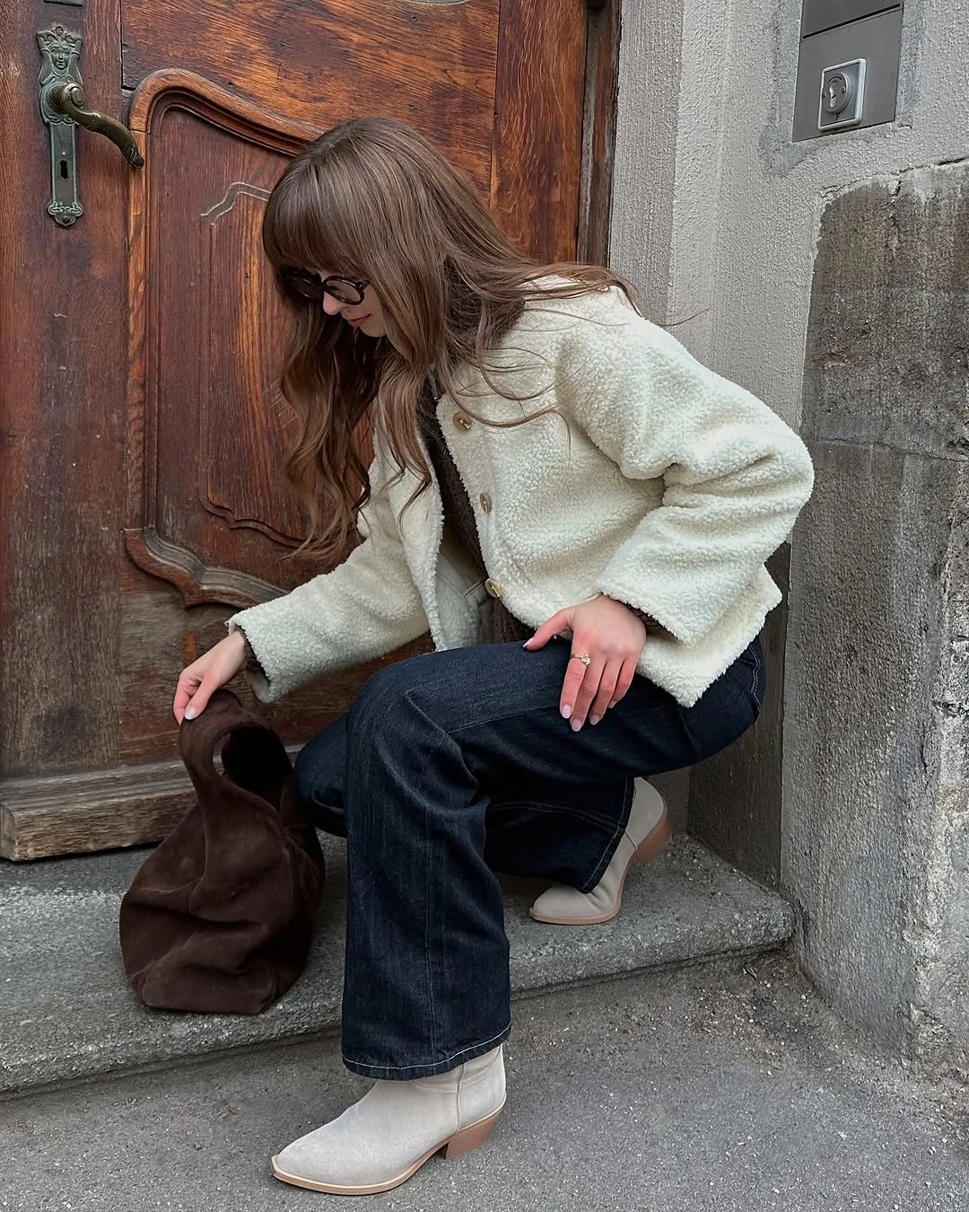September fashion trends 2026 Cream Fuzzy Jacket With Wide Dark Denim