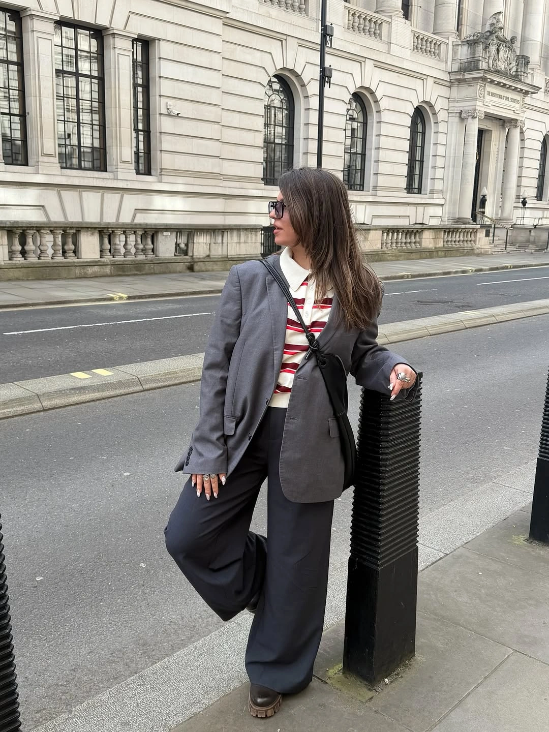 September fashion trends 2026 Gray Blazer With Striped Top And Loose Pants
