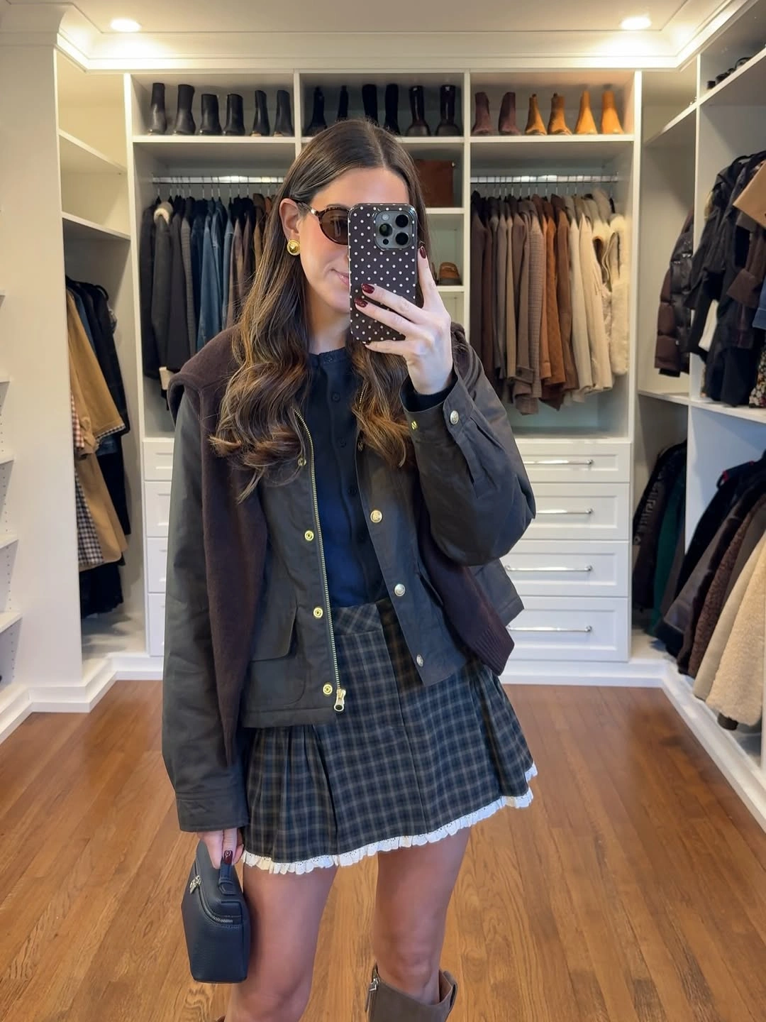 September fashion trends 2026 Dark Jacket With Checked Mini And Tall Boots
