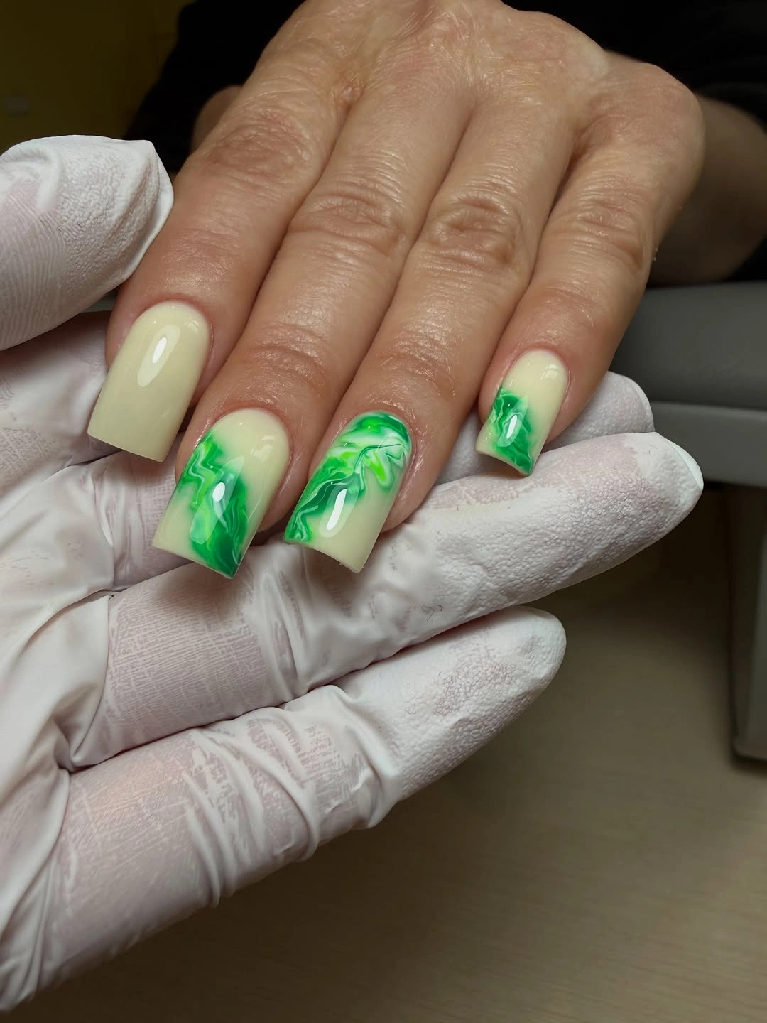 September nail art ideas 2026 Pale Yellow Nails With Neon Green Marble Tips