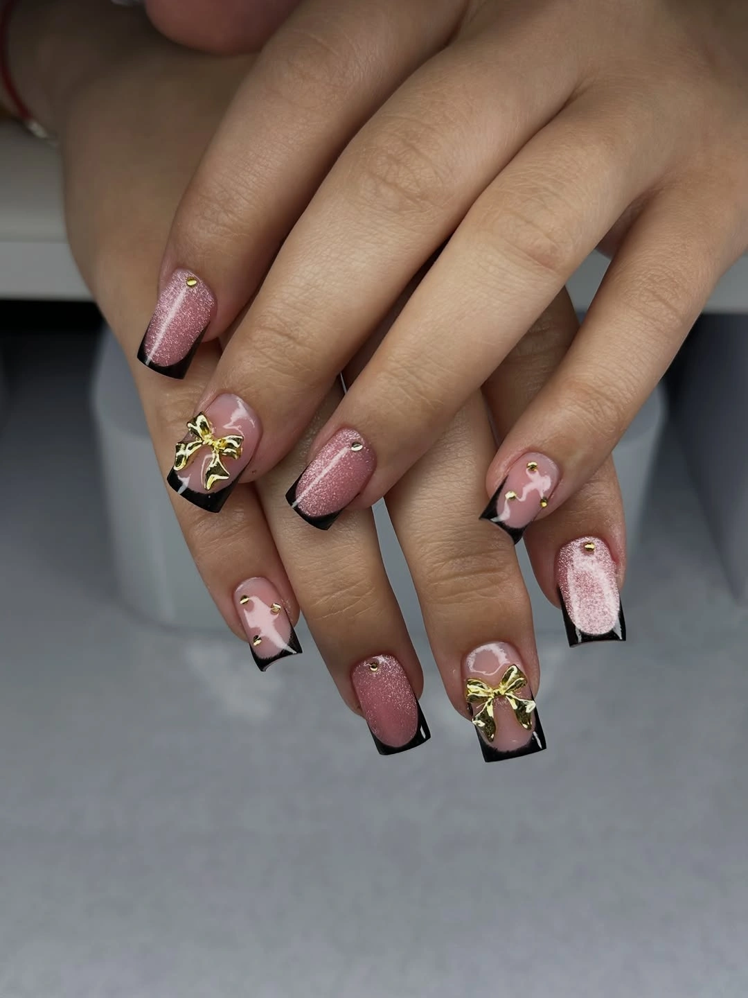 September nail art ideas 2026 Dusty Rose Squares With Black Tips And Gold Charms