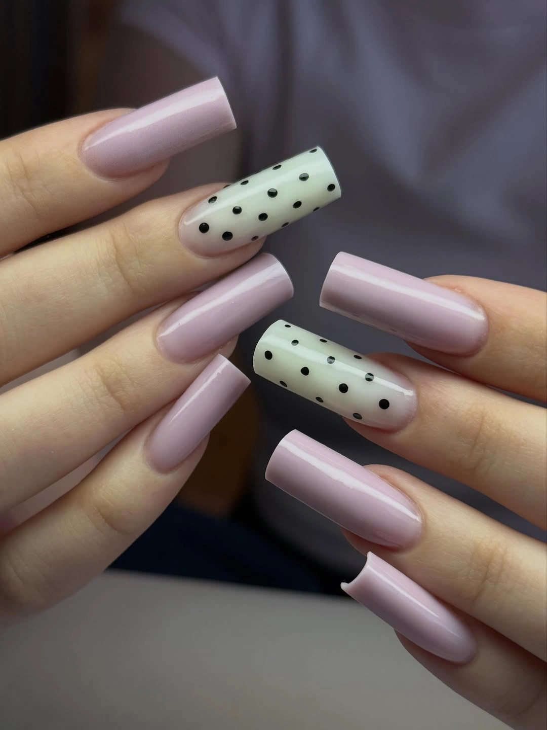September nail art ideas 2026 Mauve Square Nails With Mint Polka Dot Accents
