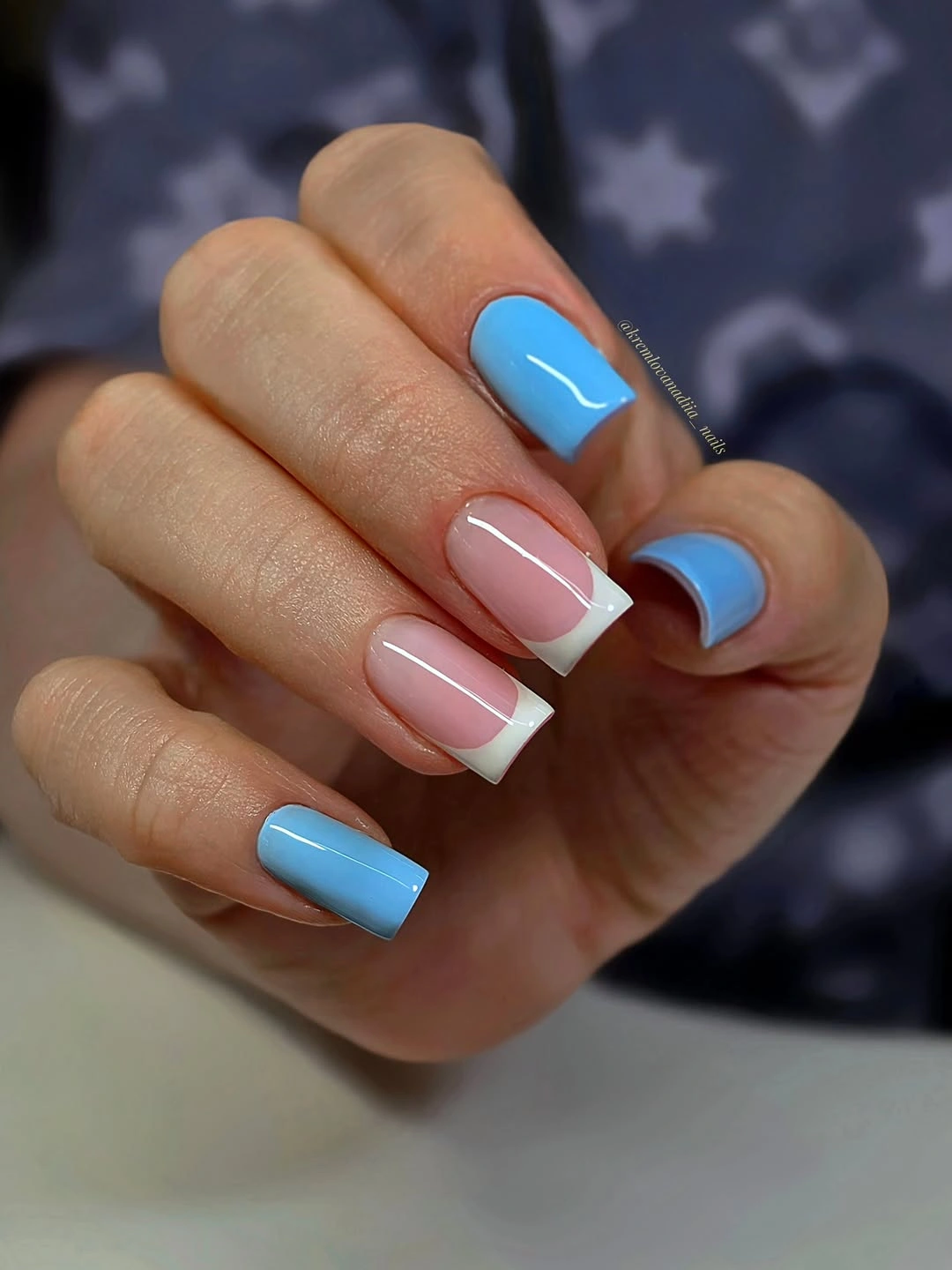 September nail art ideas 2026 Blue Pink And White Color Block French Nails