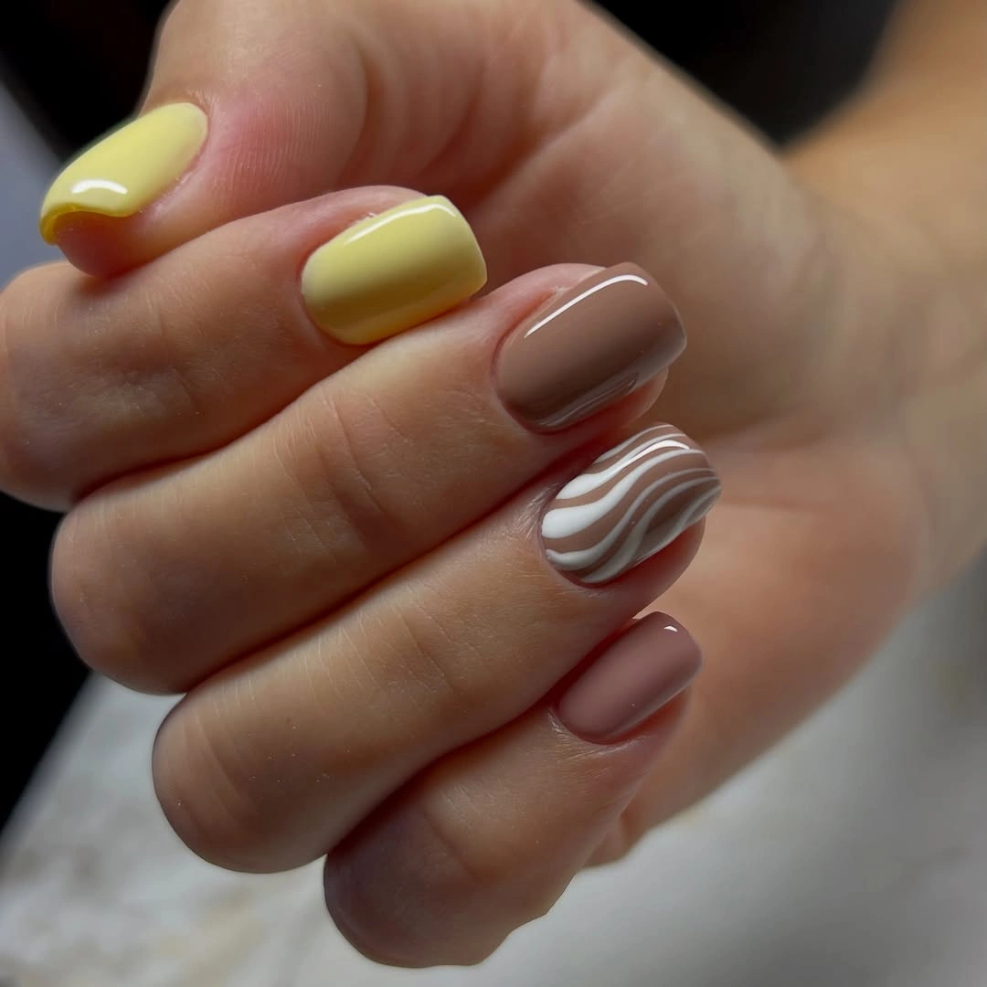 September nail art ideas 2026 Mustard Taupe And Chocolate Nails With Zebra Stripes
