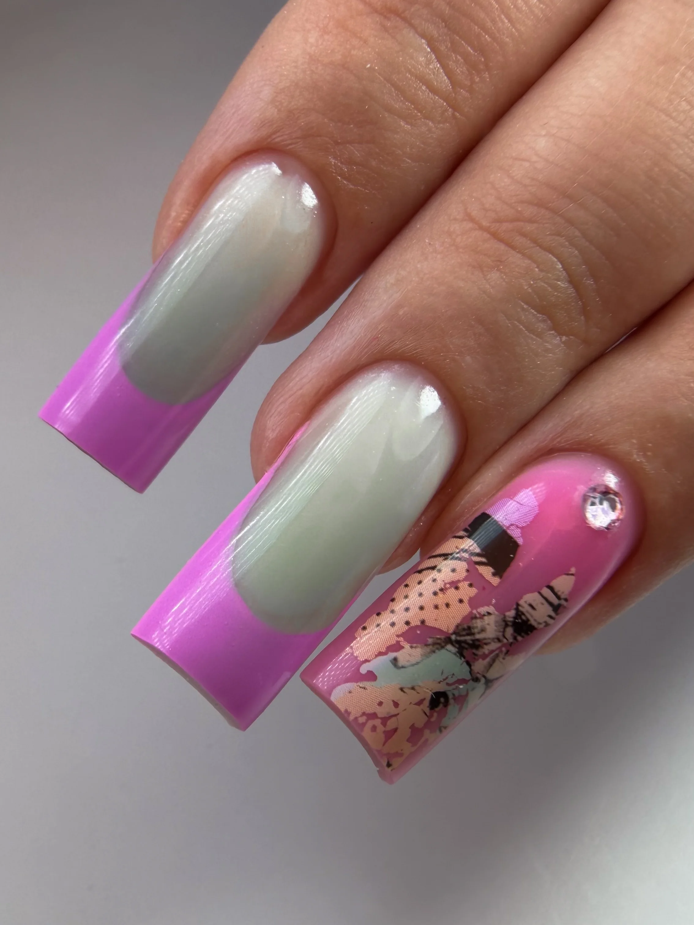 September nail art ideas 2026 Milky Green Squares With Hot Pink Tips And Butterfly Foil
