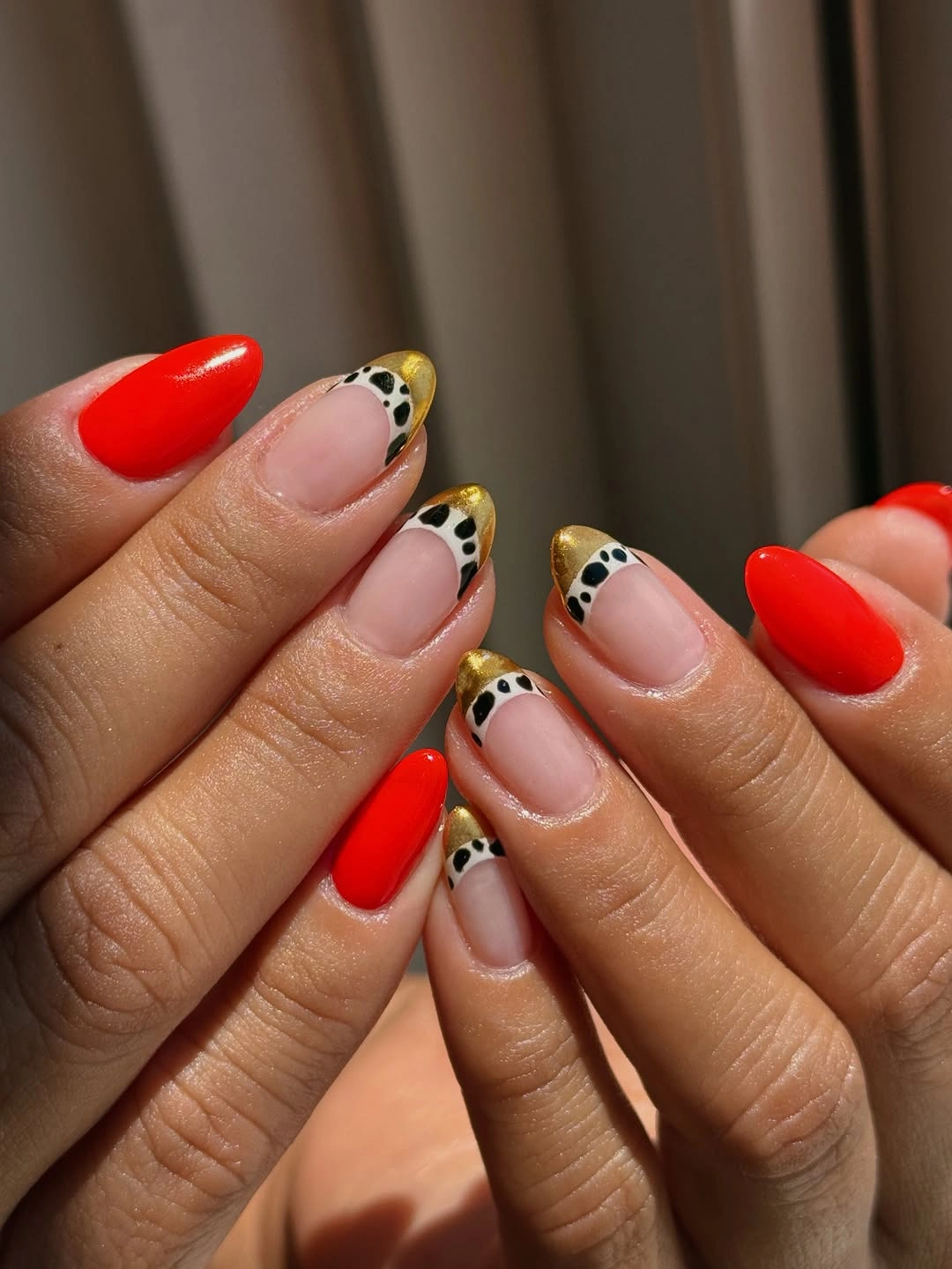 September nail art ideas 2026 Red Almond Nails With Leopard French Accents