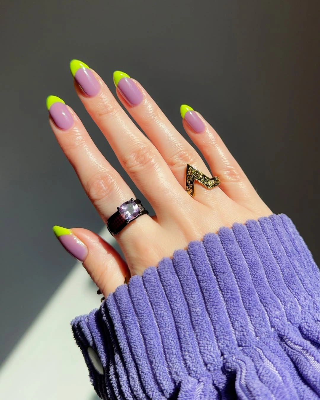 September nail art ideas 2026 Lavender Pink Almond Nails With Neon Lime Tips