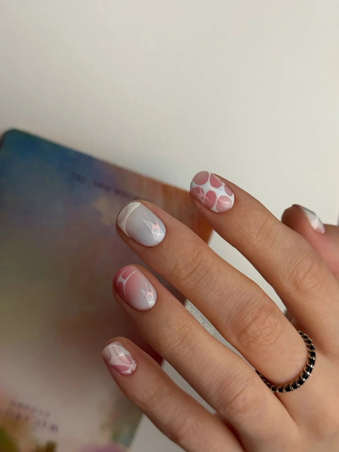 September nail art ideas 2026 Milky Pink Short Nails With A Spotted Accent
