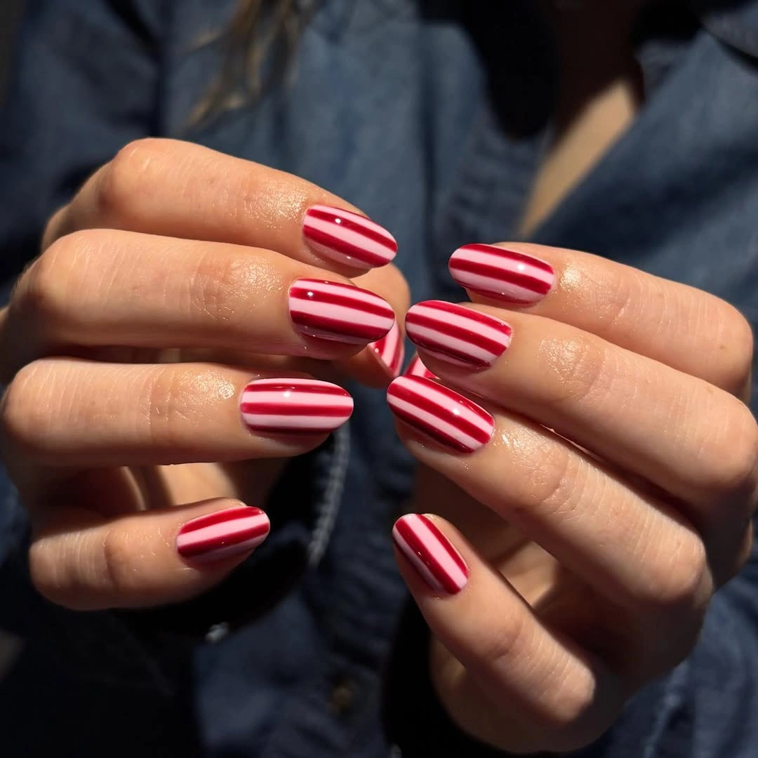 September nail designs 2026 Red And Nude Short Nails With Horizontal Stripes