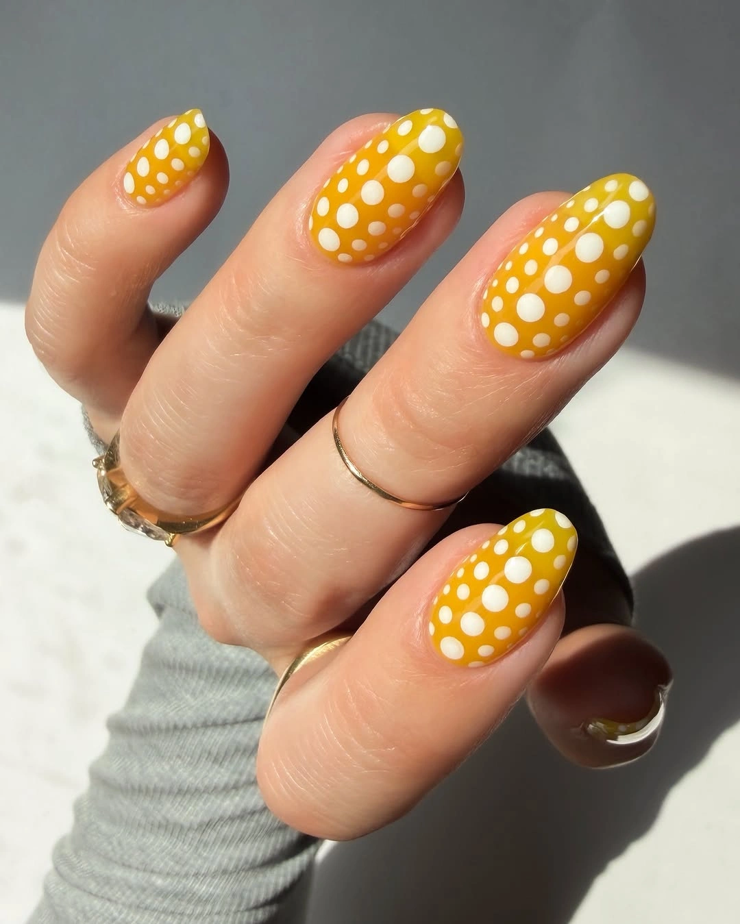 September nail designs 2026 Mustard Yellow Oval Nails With White Polka Dots