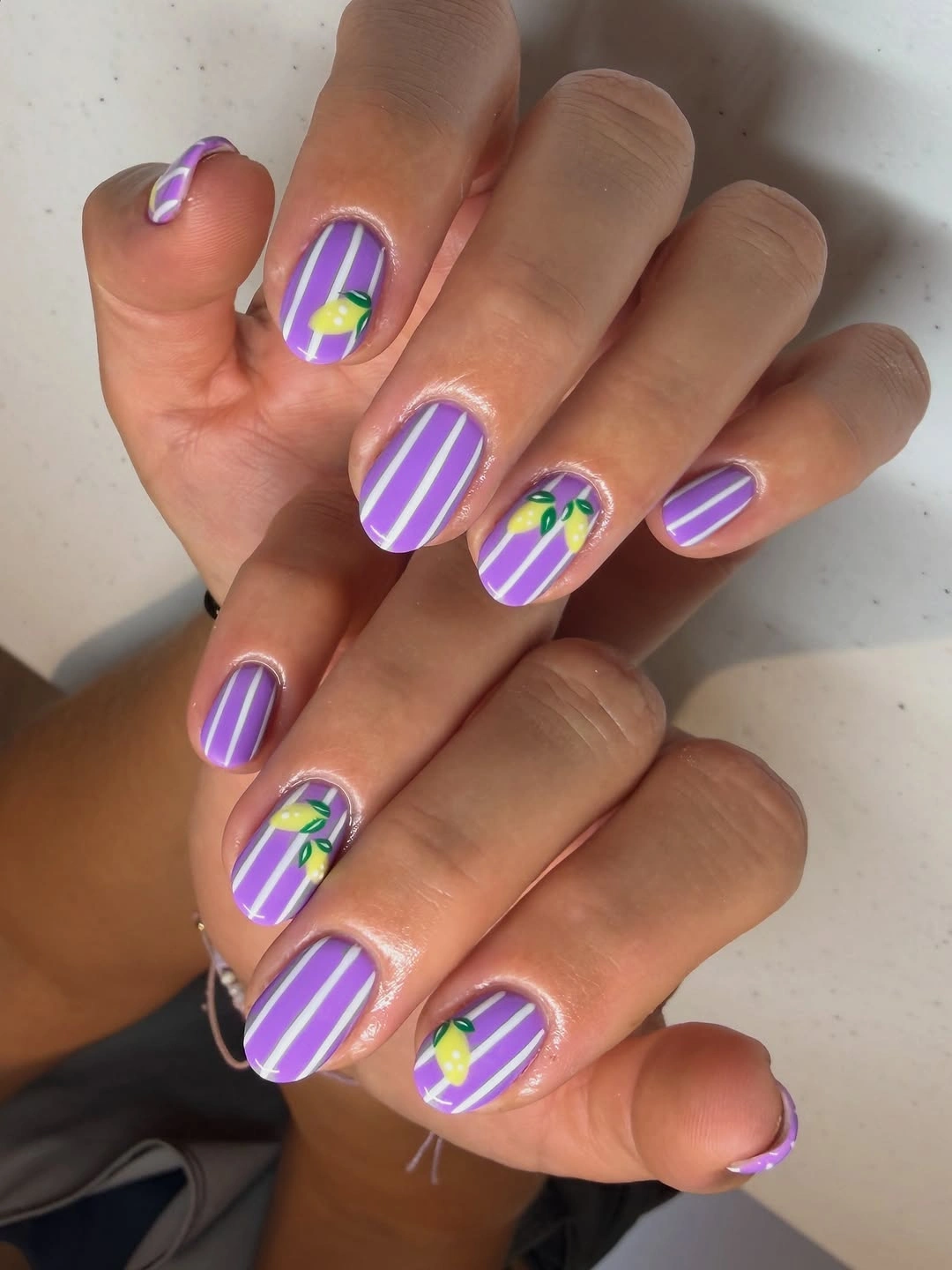 September nail designs 2026 Lavender Striped Nails With Yellow And Green Blocks