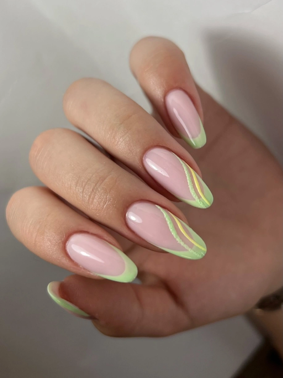 September nail designs 2026 Lime Green French Tips On Glossy Pink Almond Nails