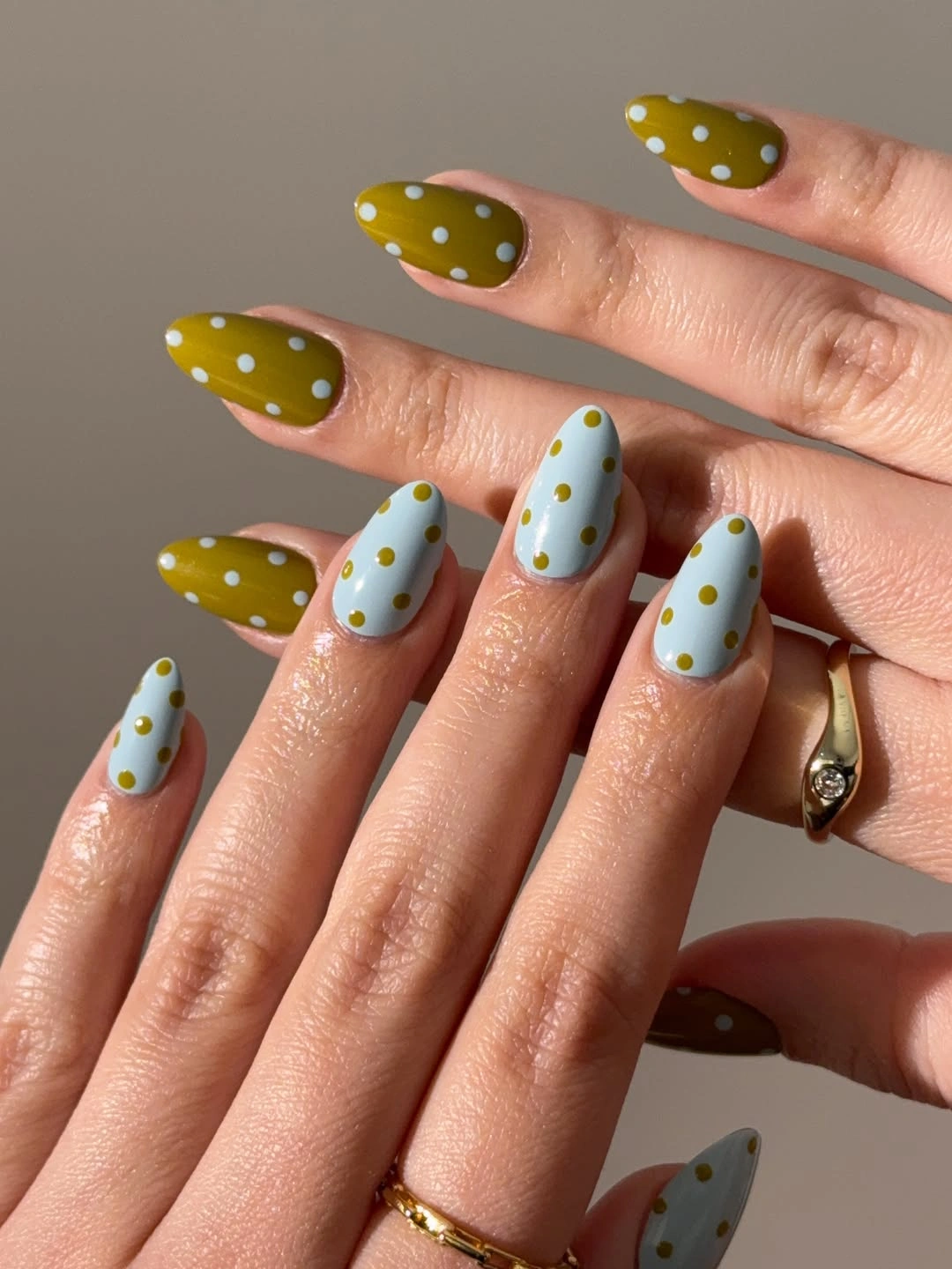 September nail designs 2026 Olive And Mint Almond Nails With Polka Dots